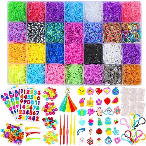 Inscraft 17500+ Rubber Loom Bands with 3 Layer Blue Container, 28 Colors, 600 S-Clips, 352 Beads, 40 Cartoon Pendant, Bracelet Making Refill Kit for