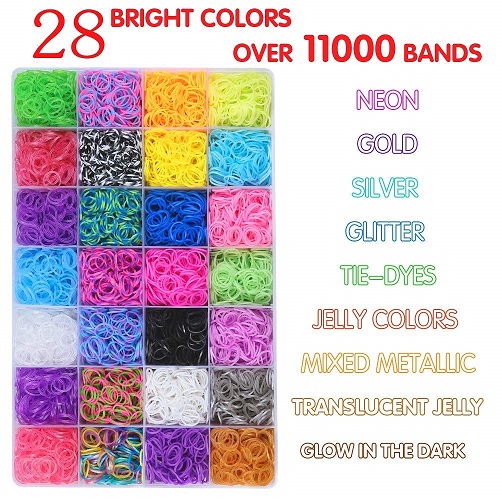 Inscraft 17500+ Rubber Loom Bands with 3 Layer Blue Container, 28 Colors, 600 S-Clips, 352 Beads, 40 Cartoon Pendant, Bracelet Making Refill Kit for