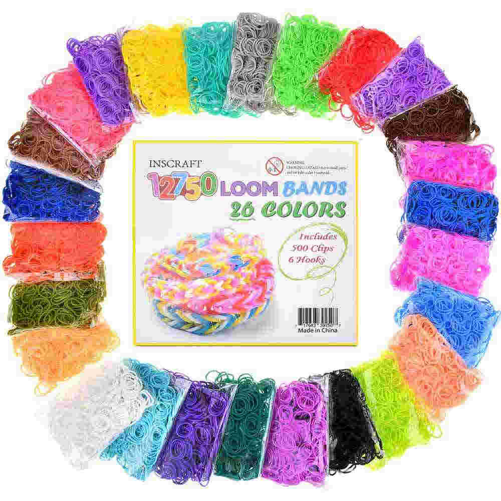 Inscraft Loom Rubber Bands, 12750pc Rubber Band Refill Kit in 26 Colors with 500 Clips 6 Hooks, LOOMY Bands