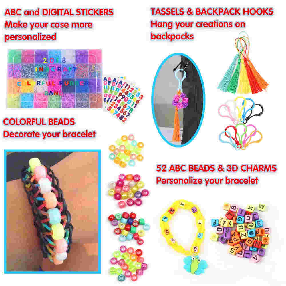 DIY Loom Band Bracelet Making Kit - 600 Rubber Bands, 25 S Hooks + 6 Decals