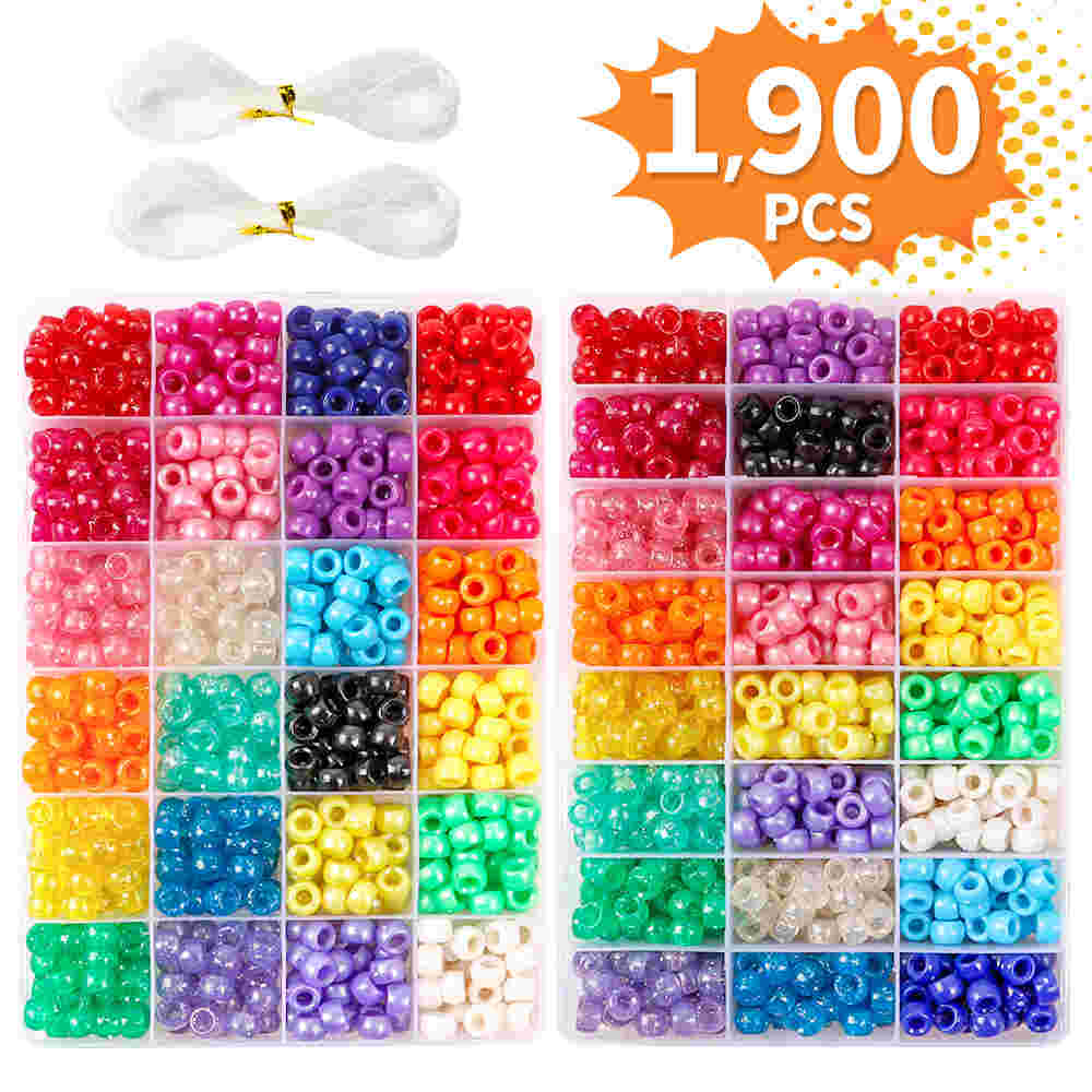  Pony Beads, 1,900 pcs 9mm Pony Beads Set in 24 Colors with Elastic String for Bracelet Jewelry Making by INSCRAFT 