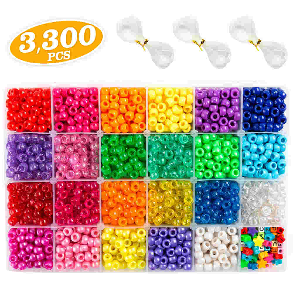  Pony Beads, 3,300 pcs 9mm Pony Beads Set in 23 Colors with Letter Beads, Star Beads and Elastic String for Bracelet Jewelry Making by INSCRAFT 