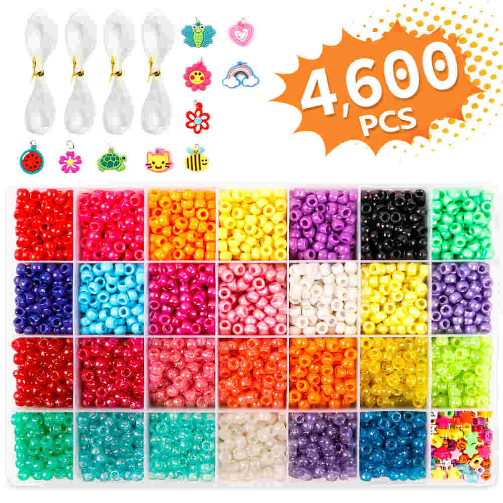  Pony Beads, 4,600 pcs 9mm Pony Beads Set in 27 Colors with Letter Beads, Star Beads and Elastic String for Bracelet Jewelry Making by INSCRAFT 