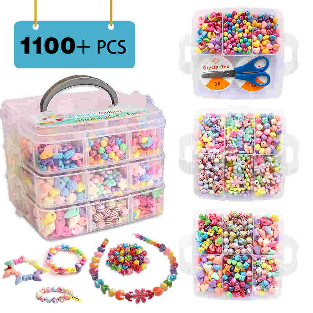  Jewelry Making Bead Kit, 1100 Beads for Kids Includes Scissor, String, 3 Hair Hoops, Instruction and Accessories for Bracelet Making, Perfect Gift for Girls by Inscraft 