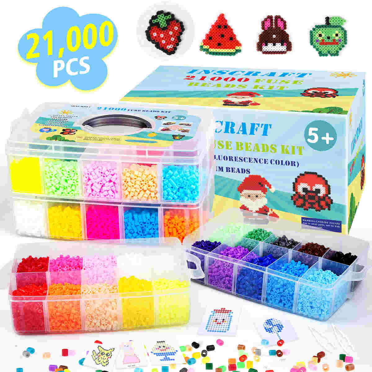  Fuse Beads, 21,000 pcs Fuse Beads Kit 22 Colors 5MM for Kids, Including 8 Ironing Paper,48 Patterns, 4 Pegboards, Tweezers, Perler Beads Compatible Kit by INSCRAFT 