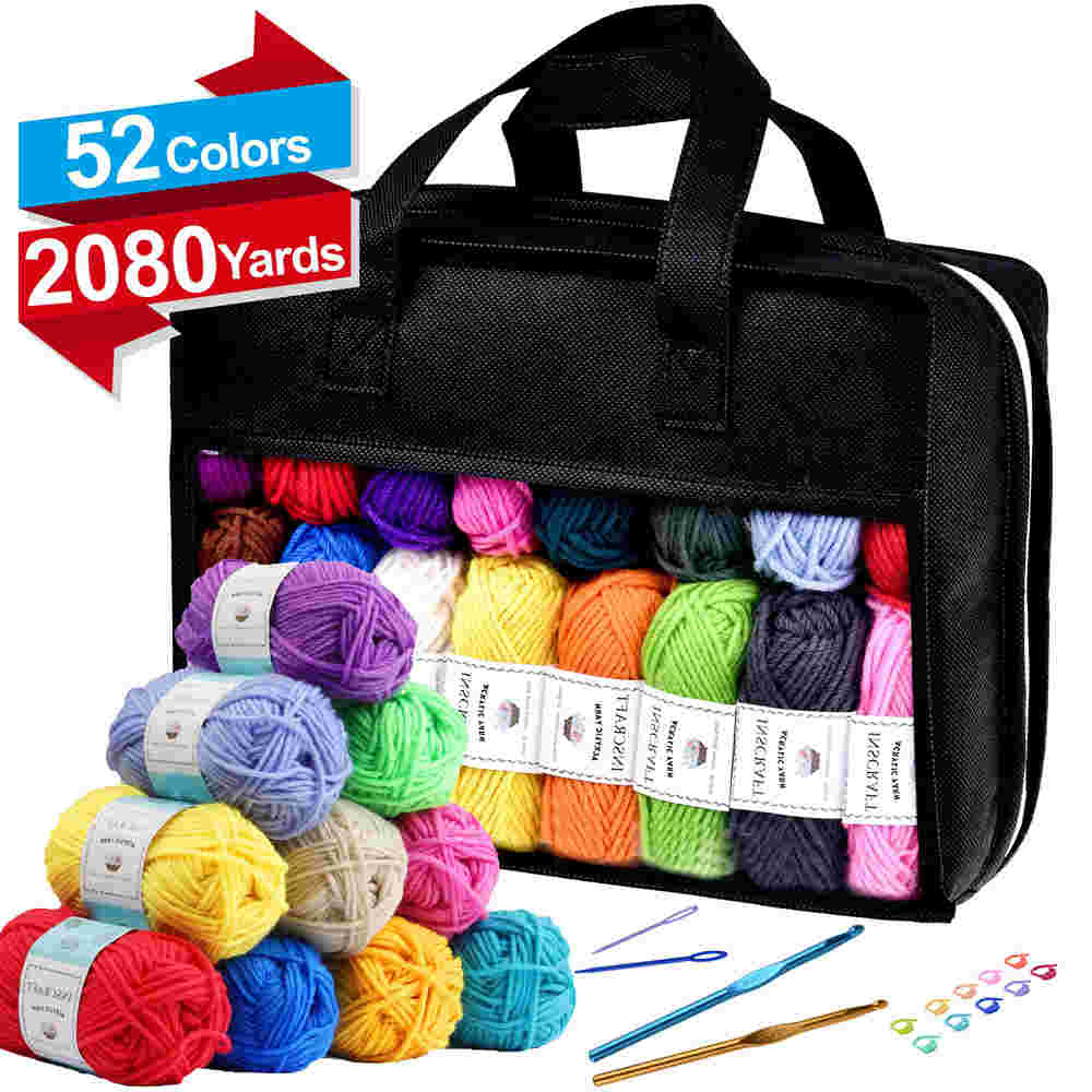  52 Acrylic Yarn Skeins, 2080 Yards Crochet Yarn with Reusable Storage Bag Includes 6 E-Books, 2 Crochet Hooks, 2 Weaving Needles, 10 Locking Stitch Markers for Crochet & Knitting by Inscraft 
