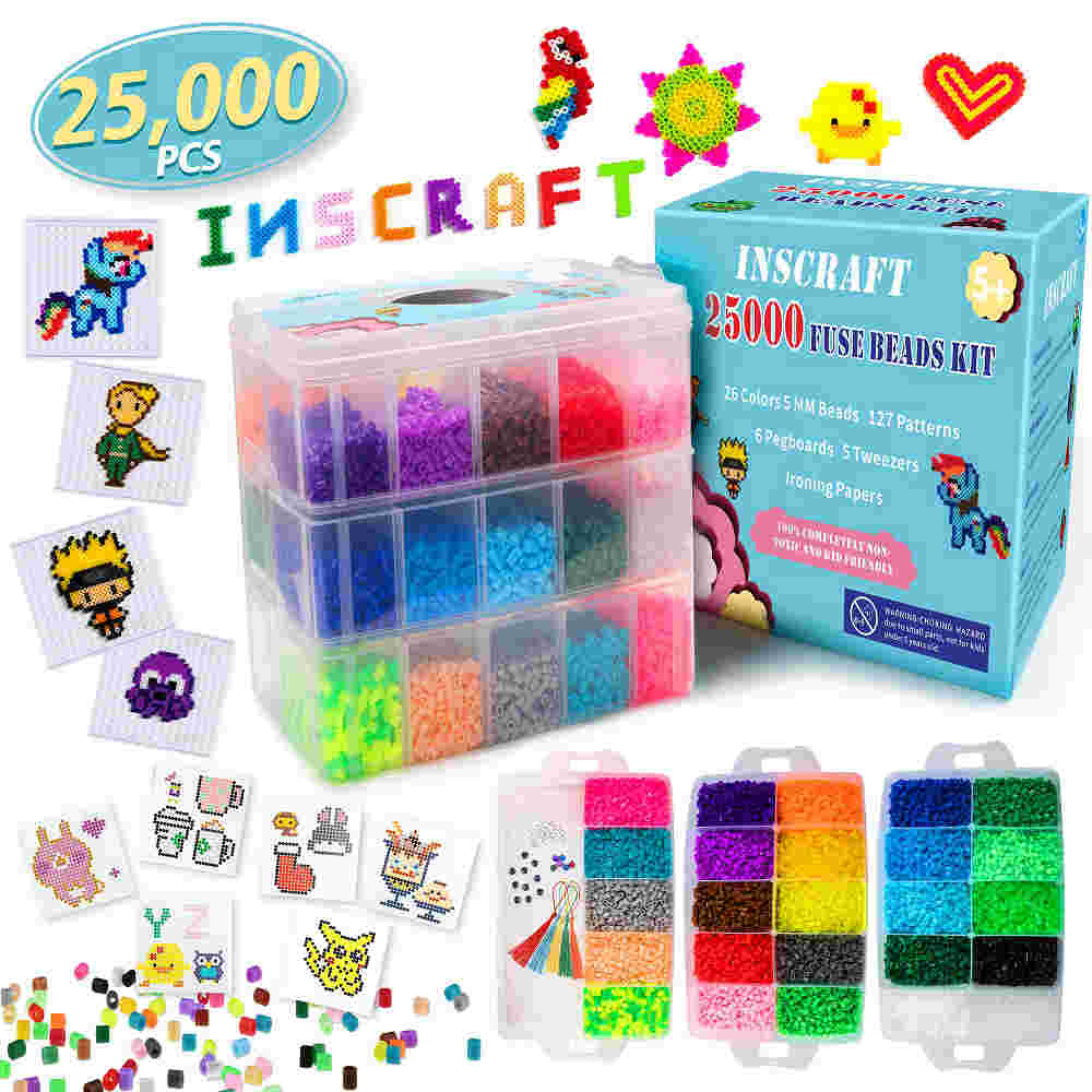 Fuse Beads, 25,000 pcs Fuse Beads Kit 26 Colors 5MM, Including 127  Patterns, 4 Big Square Pegboards, 1 Heart Pegboards, 1 Flower Pegboards,  Ironing Paper, Tweezers, Perler Beads Compatible by INSCRAFT _