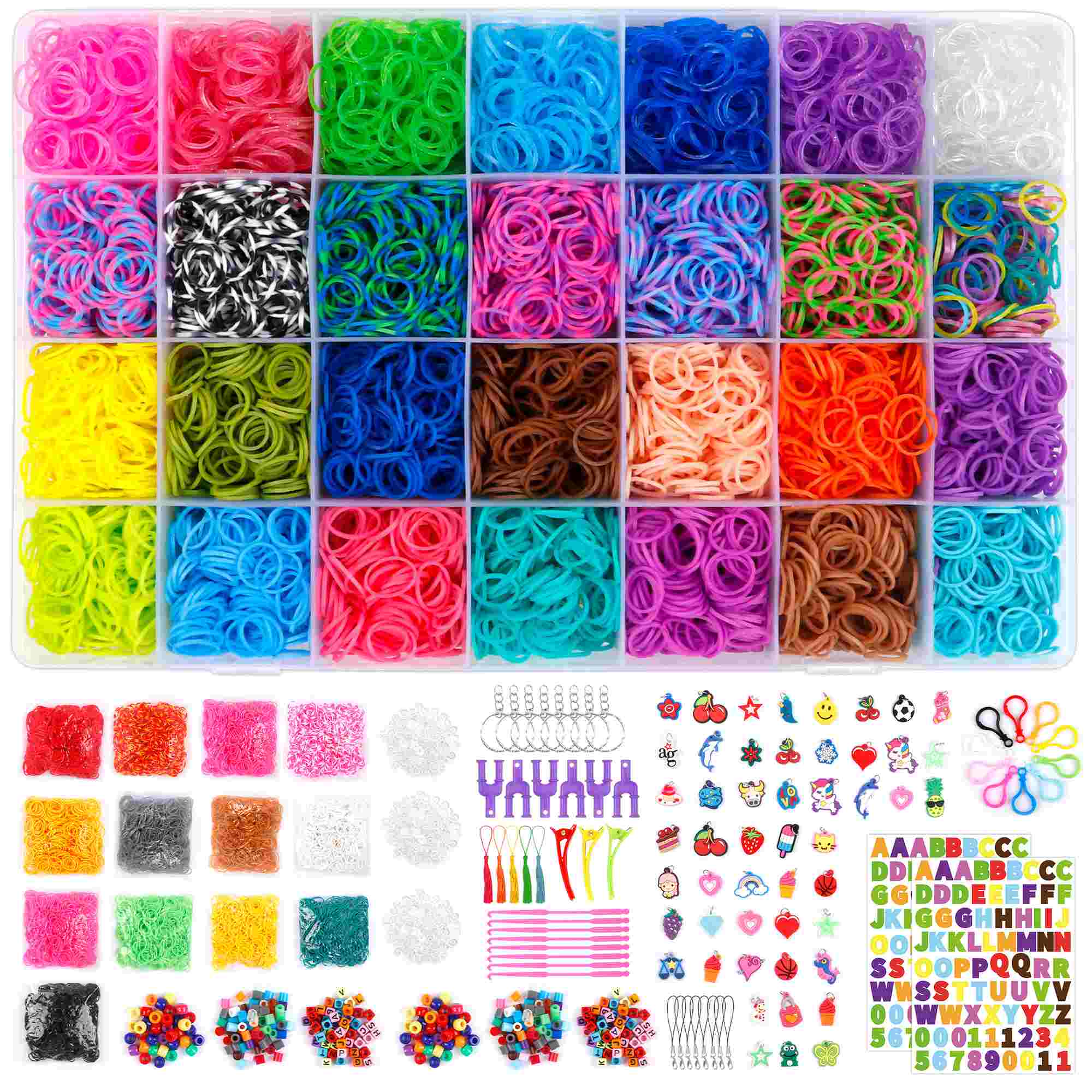 22,000+ Rubber Bands Refill Kit, Over 20,000 Loom Bands in 41 Colors, 1000  S-Clips, 6 Y Looms, 280 Beads, 52 ABC Beads, Backpack Hooks, Crochet Hooks  and ABC Stickers by INSCRAFT _