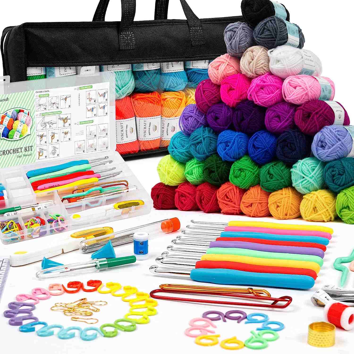 113 Piece Crochet with Yarn Set–1600 Yards Assorted Yarn 73PCS Crochet Accessories Set Including Ergonomic Hooks, Knitting Needles & More Ideal Beginner Kit 