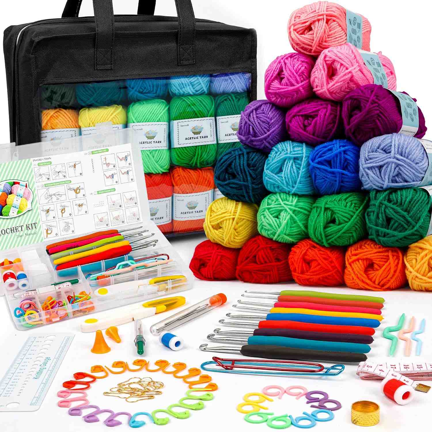103 PCS Crochet Kit with Crochet Hooks Yarn Set, Premium Bundle Includes 1650 Yards Acrylic Yarn Skeins Balls, Needles, Accessories, Bag, Ideal Starter Pack for Kids Adults Beginner Professionals 