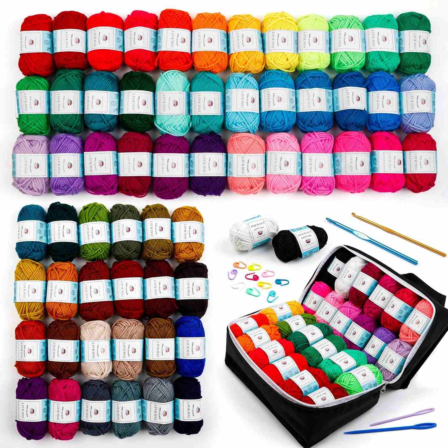Inscraft 62 Acrylic Yarn Skeins, 2170 Yards Yarn for Knitting and Crochet, includes 2 Crochet Hooks,2 Weaving Needles,10 Stitch Markers, Perfect Crochet Beginner Kit for for Adults Kids
